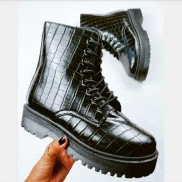 Black Combat Boots in Embossed Crocodile - Picture 3 of 9